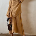 Women's Solid Color Round Neck Long Sleeve Casual Cotton and Linen Top Elastic Waist Skirt Set