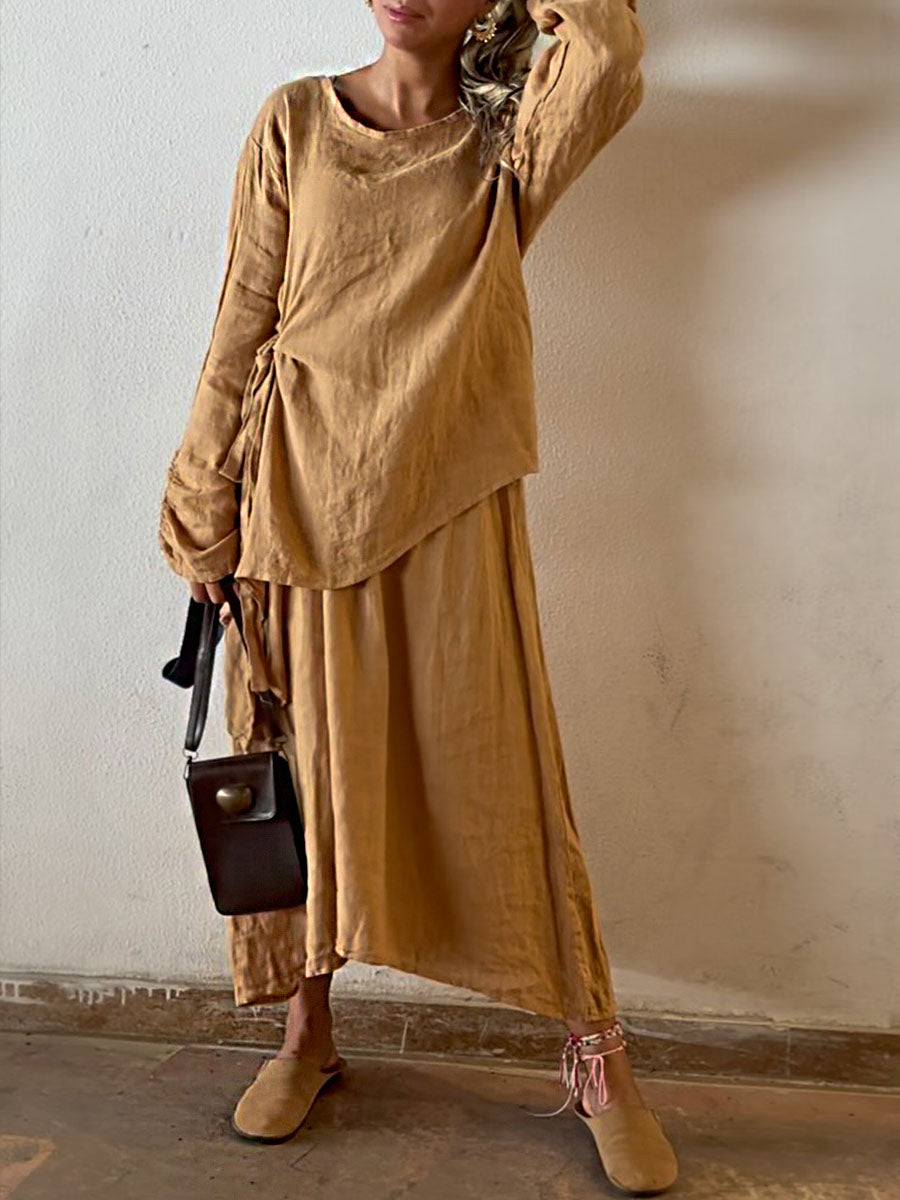 Women's Solid Color Round Neck Long Sleeve Casual Cotton and Linen Top Elastic Waist Skirt Set