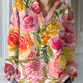 Women's Vintage Flower Art Print Casual Cotton And Linen Ruffle Shirt