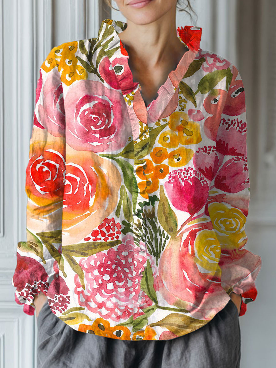 Women's Vintage Flower Art Print Casual Cotton And Linen Ruffle Shirt