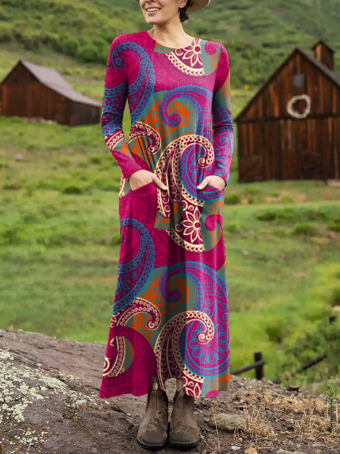 Women's Retro Floral Pattern Art Print Long-sleeved Dress