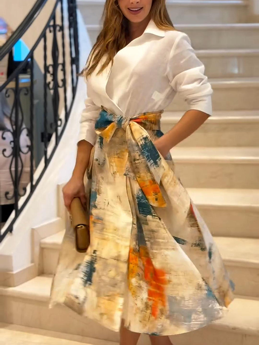 Women's Watercolor Brushstroke Print Bowknot Linen Skirt