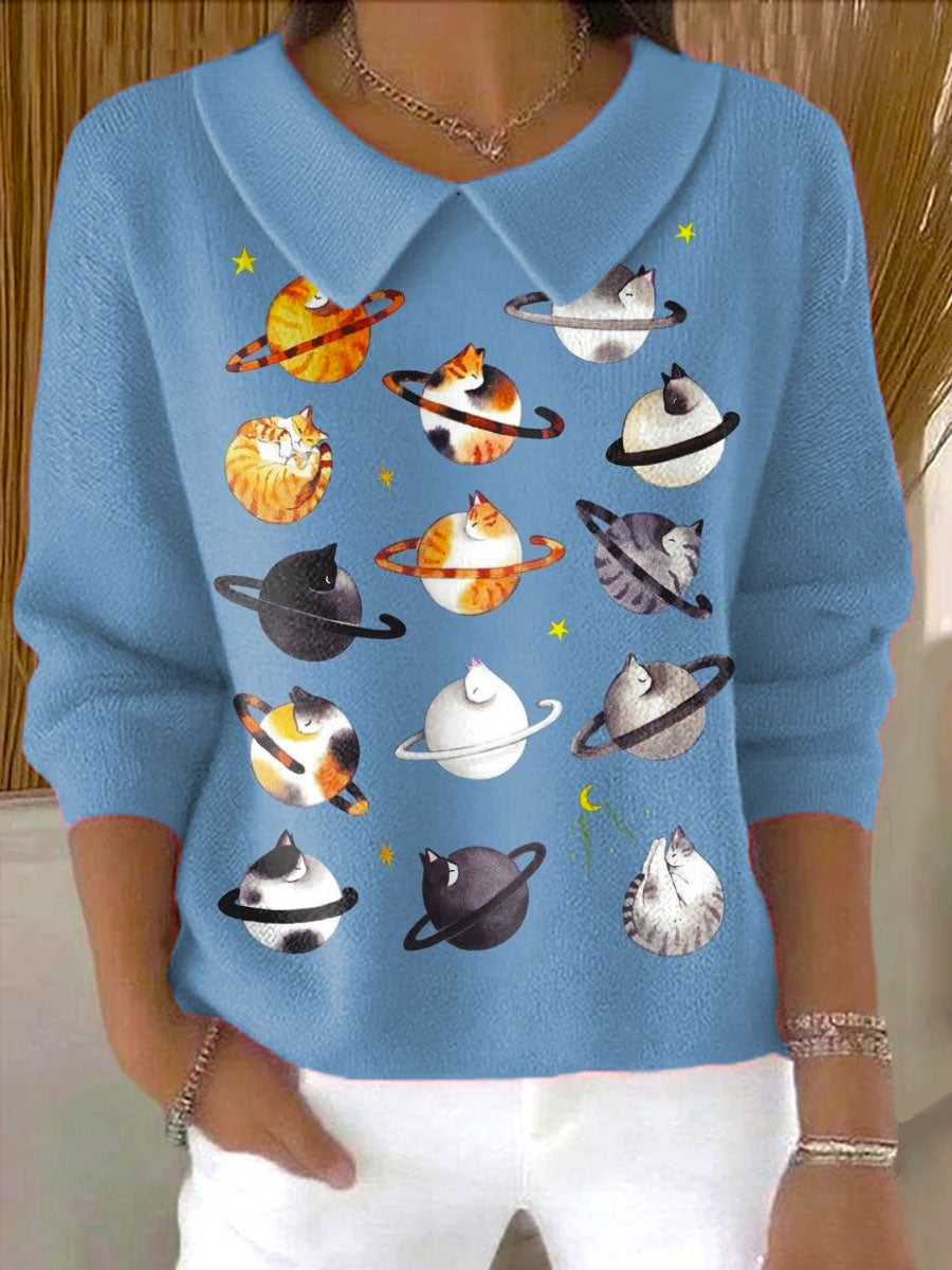 womens-lovely-cats-art-print-casual-peter-pan-collar-3-4-sleeve-sweater