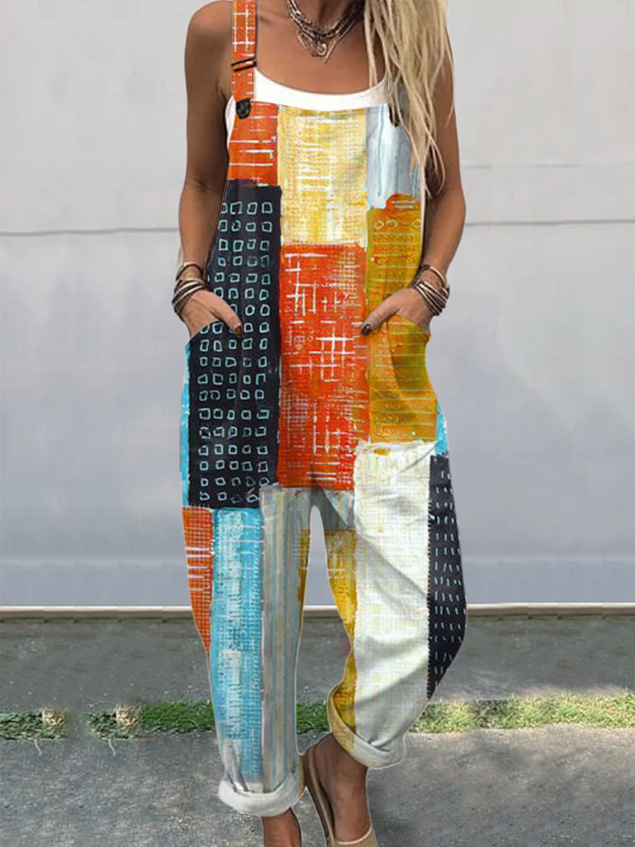 Women's  Vintage Abstract Geometric Art Print Casual 100% Cotton Wide Leg Jumpsuit