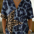 Leopard Print & Star Pattern Short-sleeve Collared Shirt With Half-button Placket