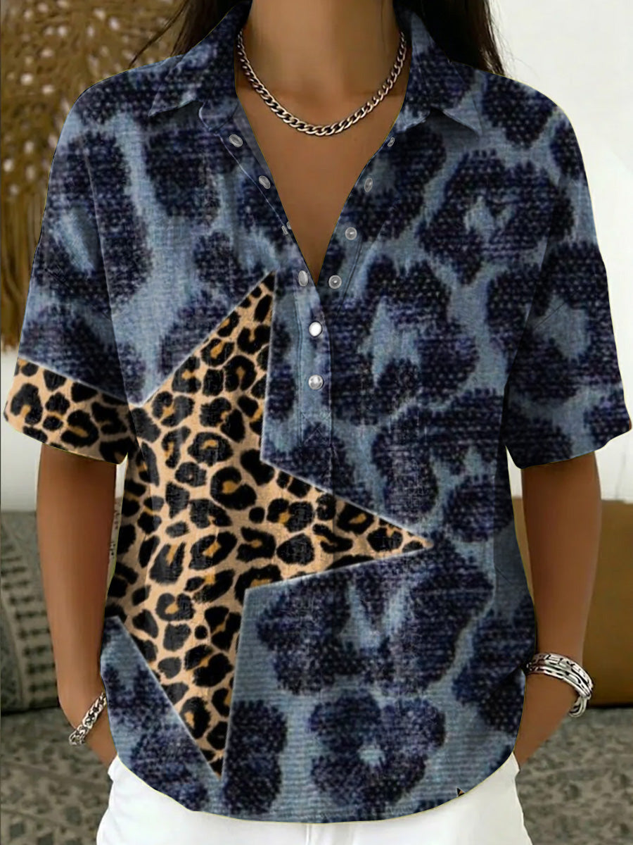 Leopard Print & Star Pattern Short-sleeve Collared Shirt With Half-button Placket