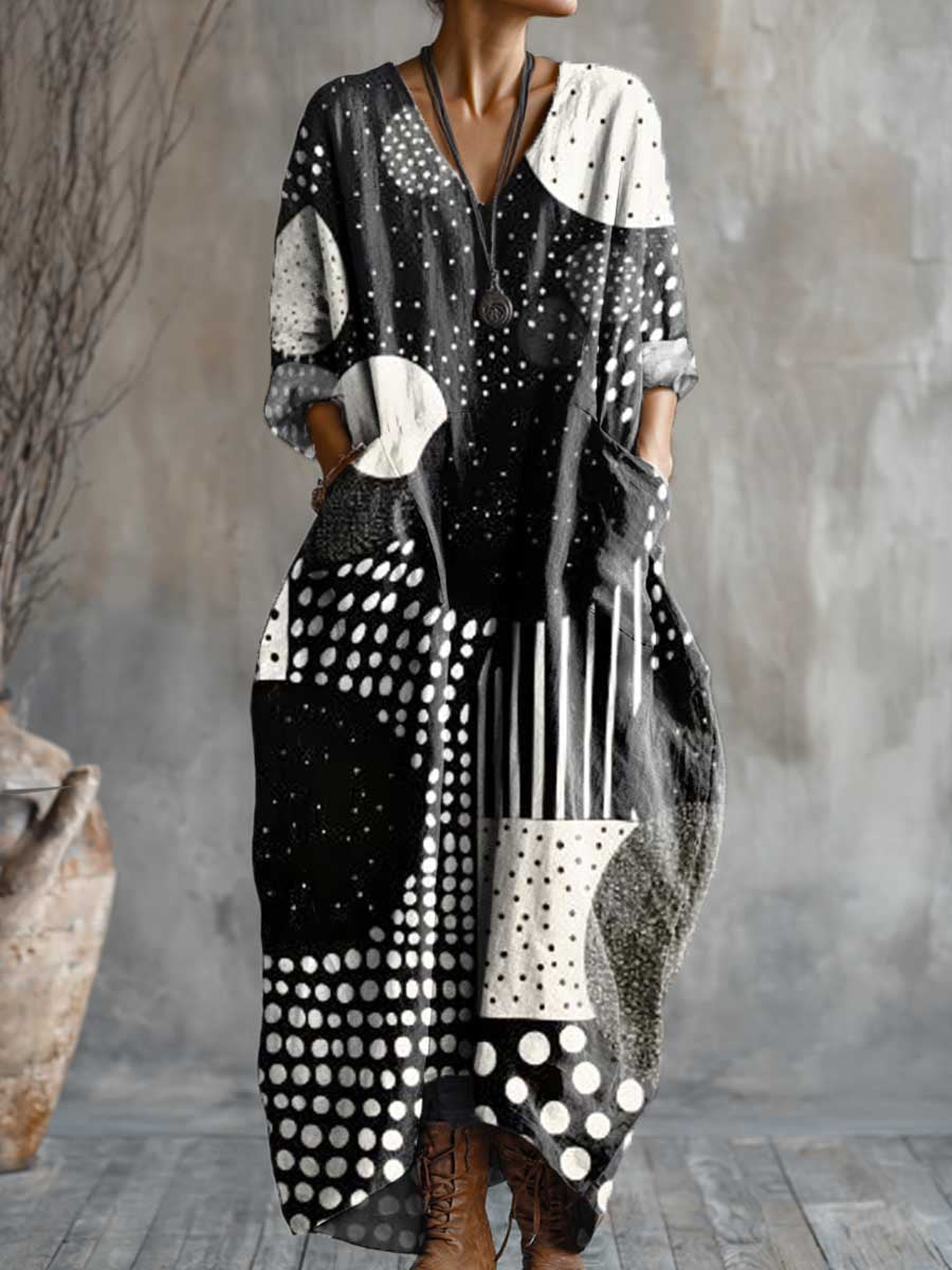 Women's Geometric Art Pattern Print Pocket V-neck Cotton Dress