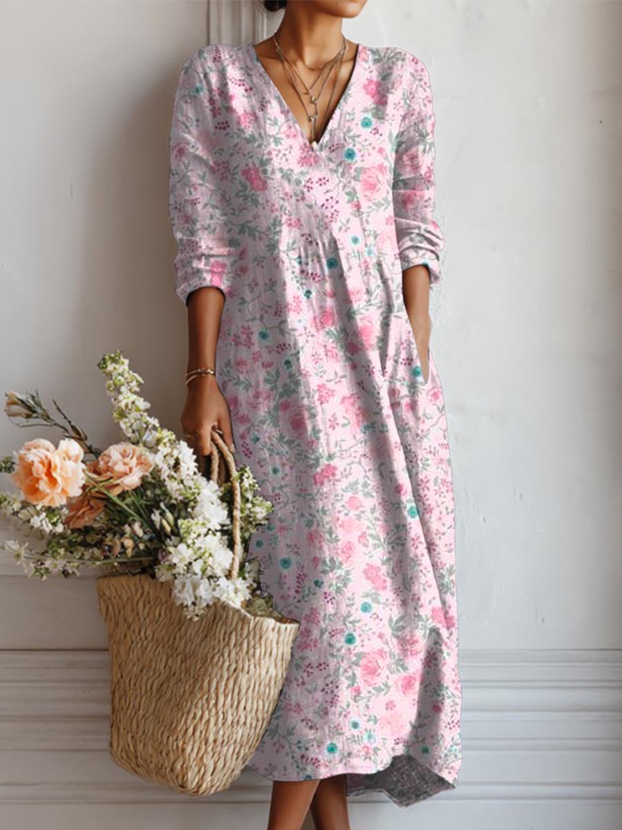 Women's Vintage Floral Art Print Casual Cotton Linen Pocket Dress