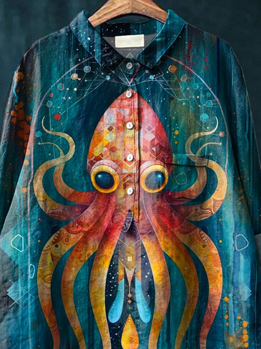Fantasy Squid Art Printed Women's Casual Cotton And Linen Shirt