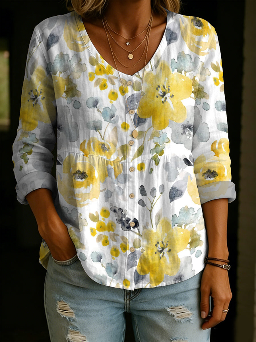 Women's Beautiful And Elegant Floral Decorative Patterns Linen And Cotton Shirt