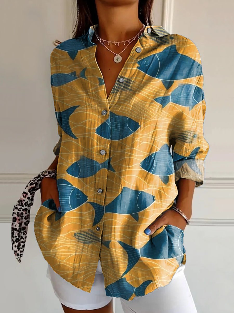 Women's Vintage Lovely Fish Art Print Casual Cotton Shirt