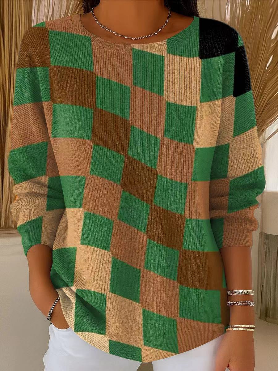 womens-abstract-multicolor-plaid-painting-art-print-casual-pullover-sweater