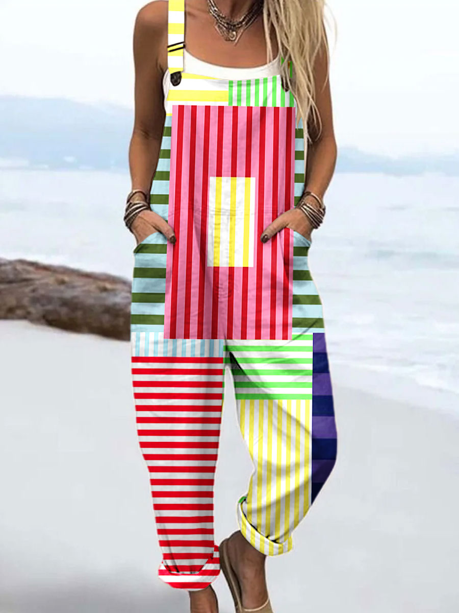 Women's Vintage Abstract Geometric Line Art Print Casual 100% Cotton Wide Leg Jumpsuit