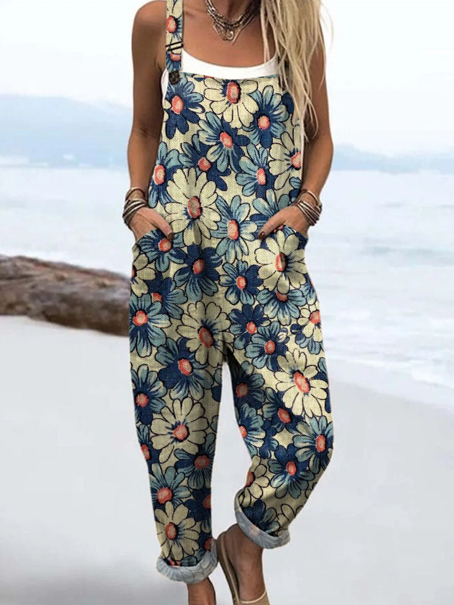Women's Vintage Floral Pattern Art Print Casual 100% Cotton Wide Leg Jumpsuit