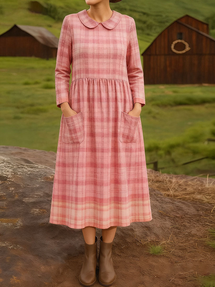 Women's Vintage  Plaid  Art Print Cotton Lapel Button-Down Shirt Dress