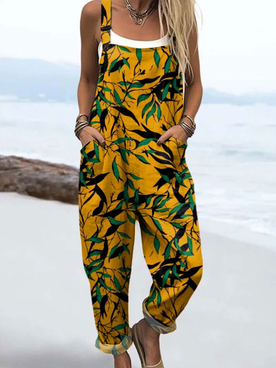 Women's Vintage Botanical Art Print Casual 100% Cotton Wide Leg Jumpsuit