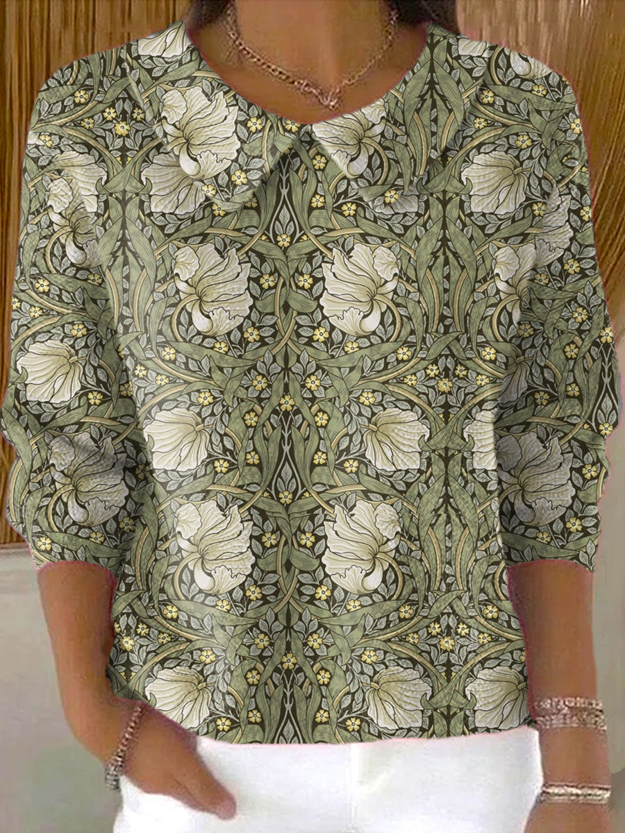 Women's Vintage Flower Art Print Casual Peter Pan Collar 3/4 Sleeve Sweater