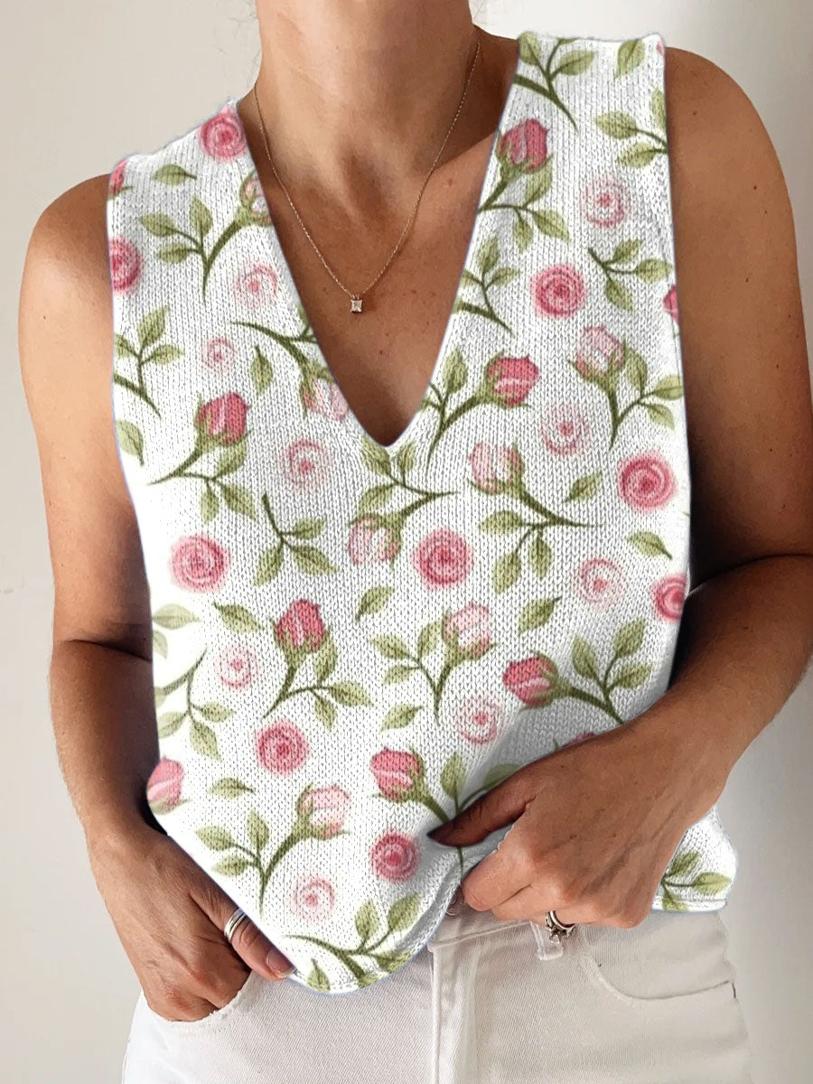 Women's Vintage Flower Art Print Casual V Neck Top Knitting