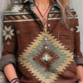 Women's Vintage Ethnic Diamond Geometric Art Print Casual Cotton And Linen Shirt