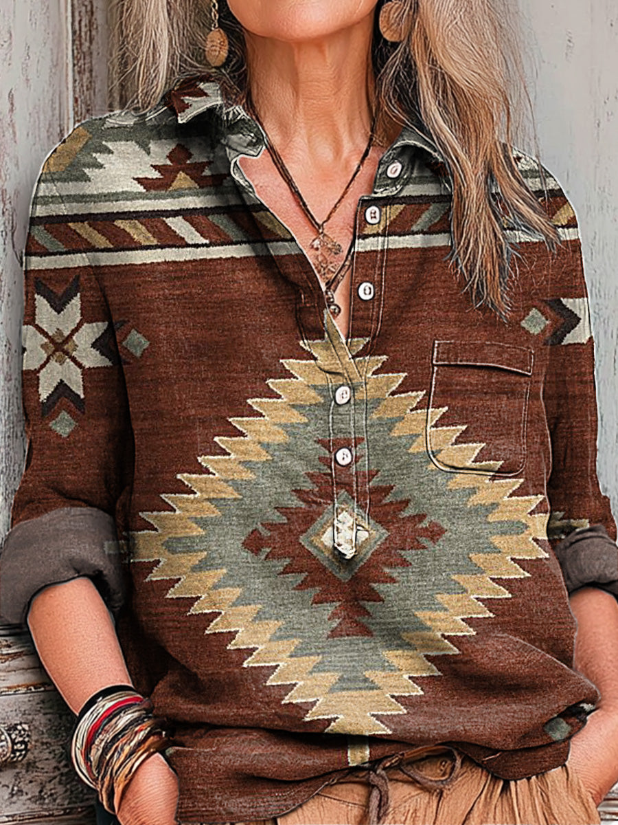 Women's Vintage Ethnic Diamond Geometric Art Print Casual Cotton And Linen Shirt