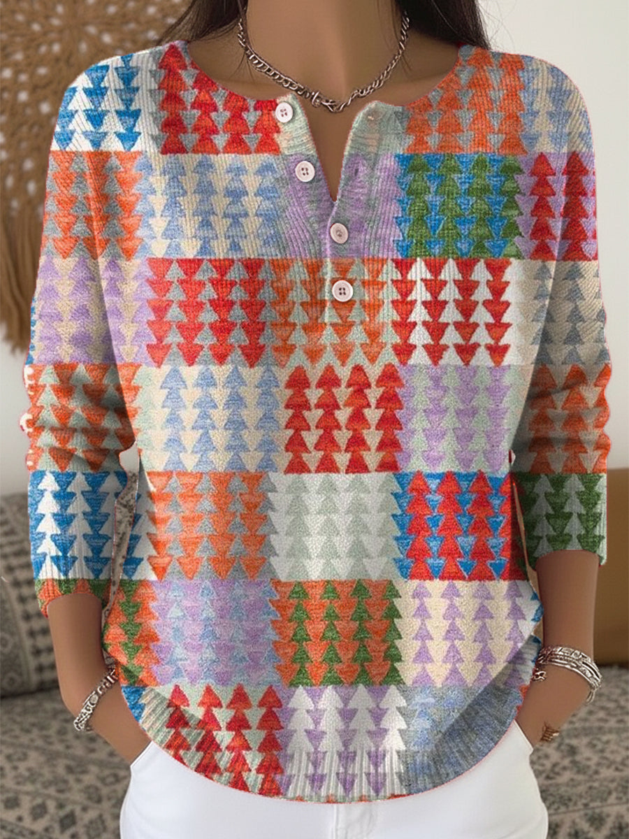 Vintage Diamond Geometric Check Painting Art Print Buttoned Cardigan Sweater