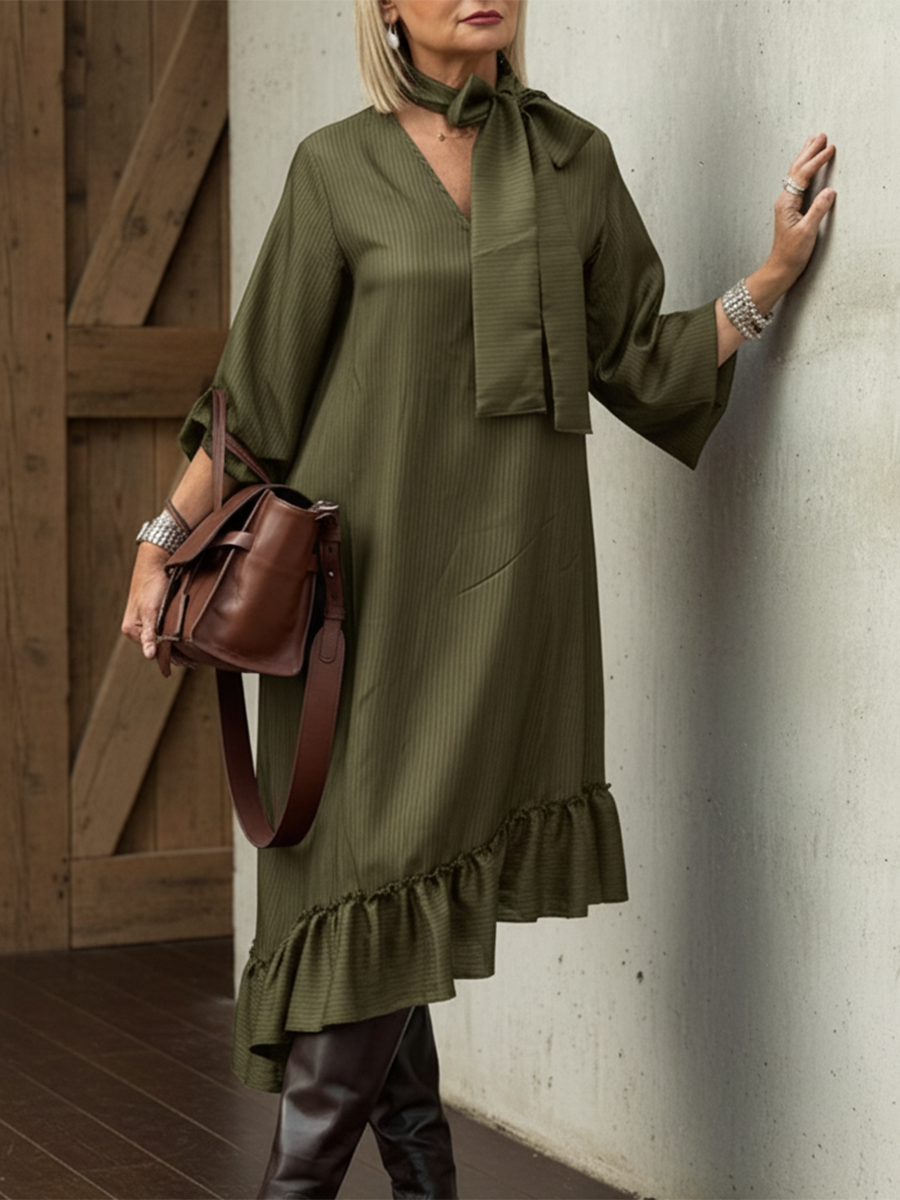 Women's Elegant Ruffle Hem Dress with Belt