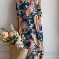 Women's Vintage Flower Art Print Linen Pocket Dress