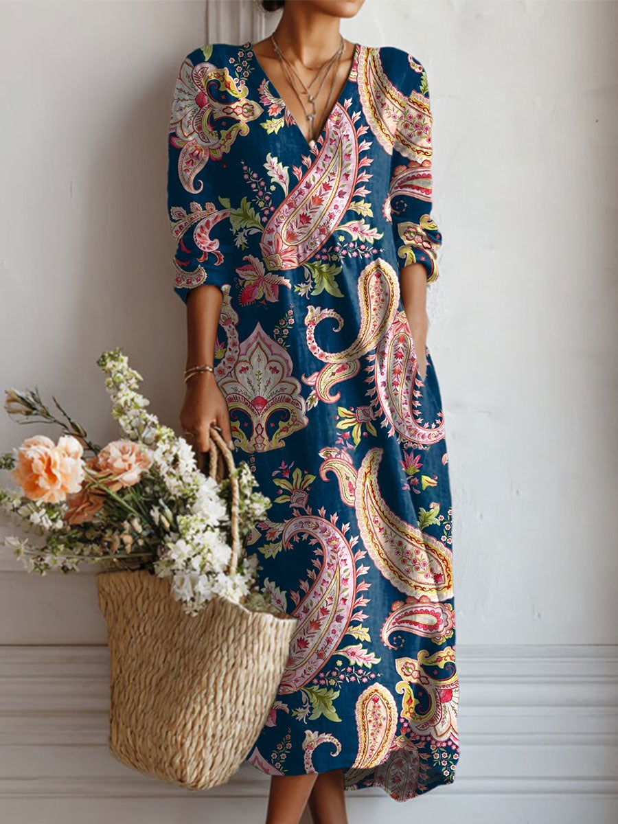 Women's Vintage Flower Art Print Linen Pocket Dress