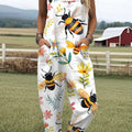 Damen-Jumpsuit mit Vintage-Bienen- und Blumenmuster, lässig, aus 100 % Baumwolle, mit weitem Bein 