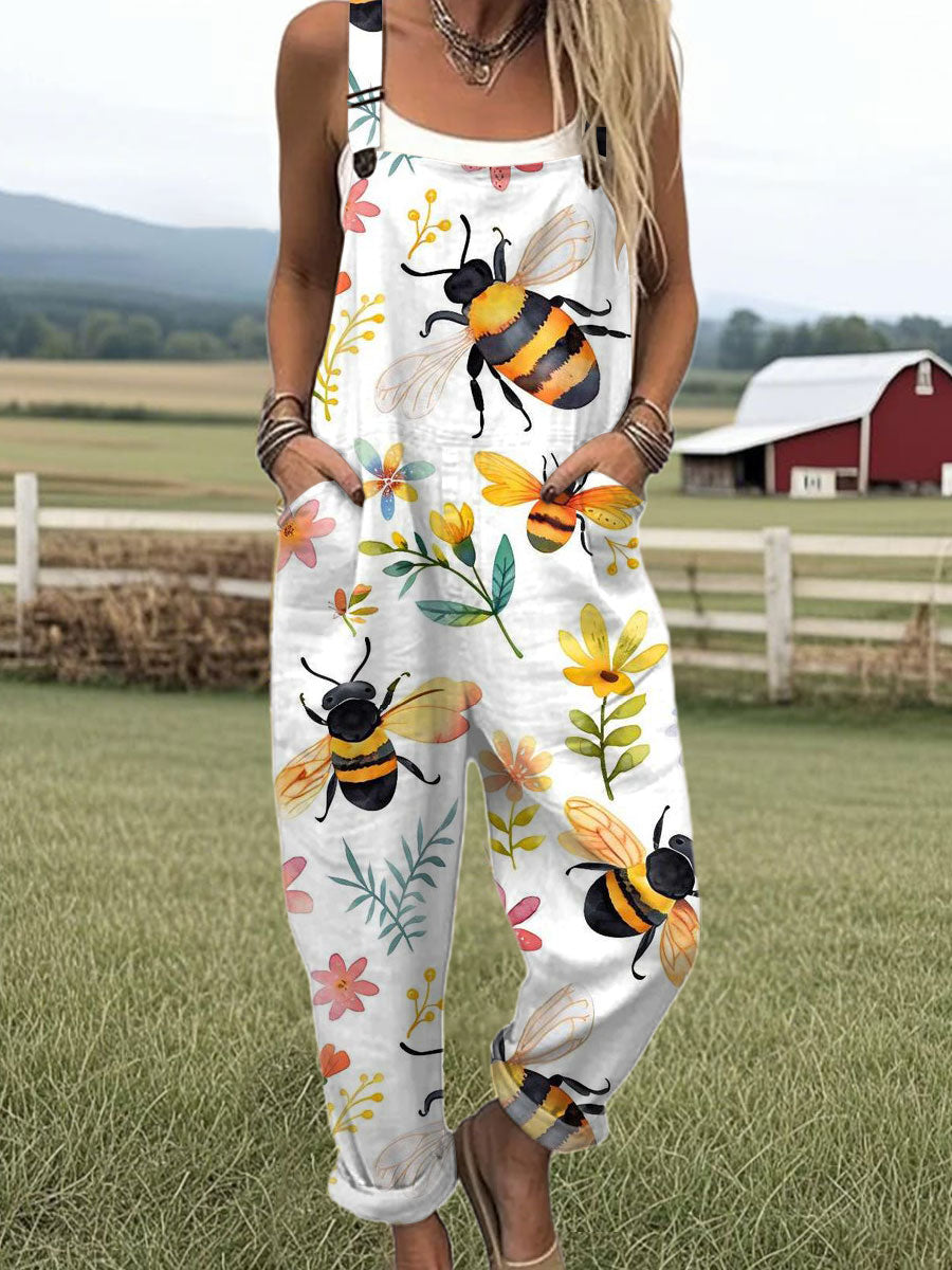 Women's  Vintage Bee Floral Art Print Casual 100% Cotton Wide Leg Jumpsuit