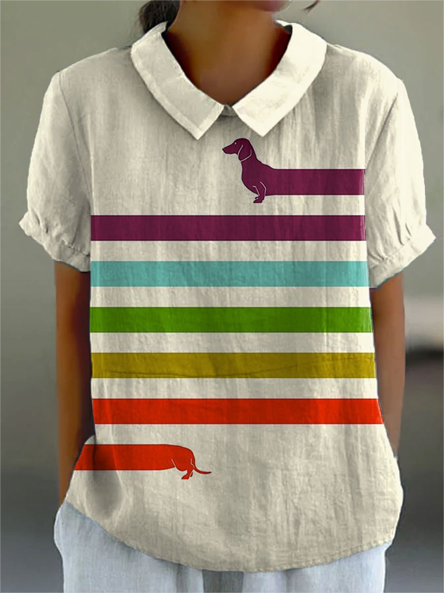 Women's Dachshund Dog Lover Art Print Casual Cotton And Linen Shirt
