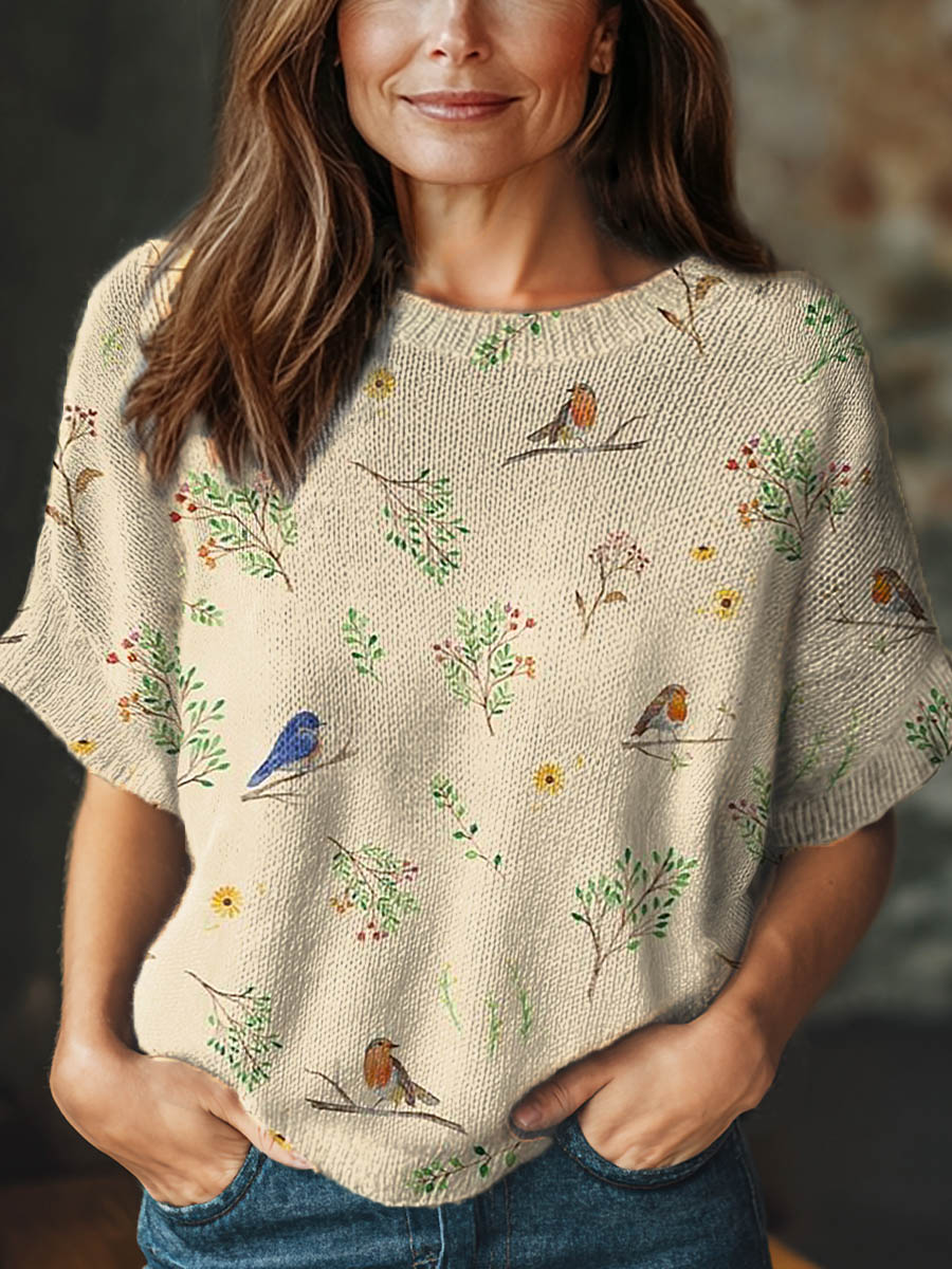 womens-lovely-floral-birds-art-print-casual-crew-neck-short-sleeve-knitted-sweater-dy54