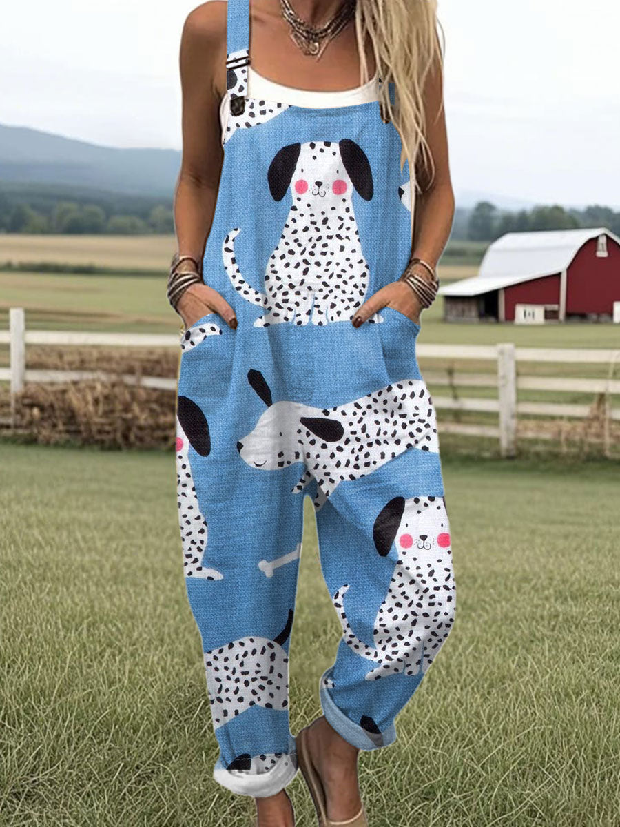 Women's  Funny  Dog Art Print Casual 100% Cotton Wide Leg Jumpsuit