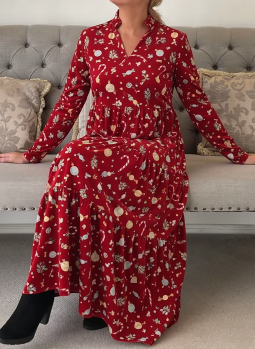 Women's Cute Candy Print Velvet V-neck Midi Dress