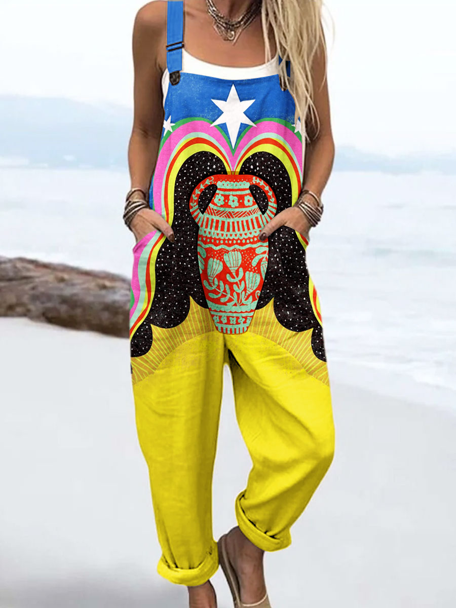 Women's Vintage Bstract Geometric Floral Stars Art Print Casual 100% Cotton Wide Leg Jumpsuit