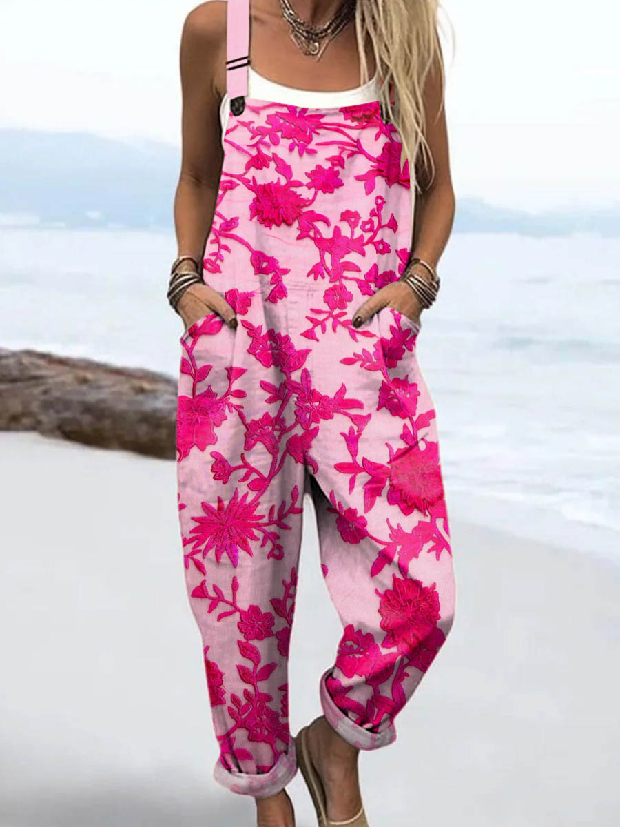 Women's Vintage Floral Art Print Casual 100% Cotton Wide Leg Jumpsuit