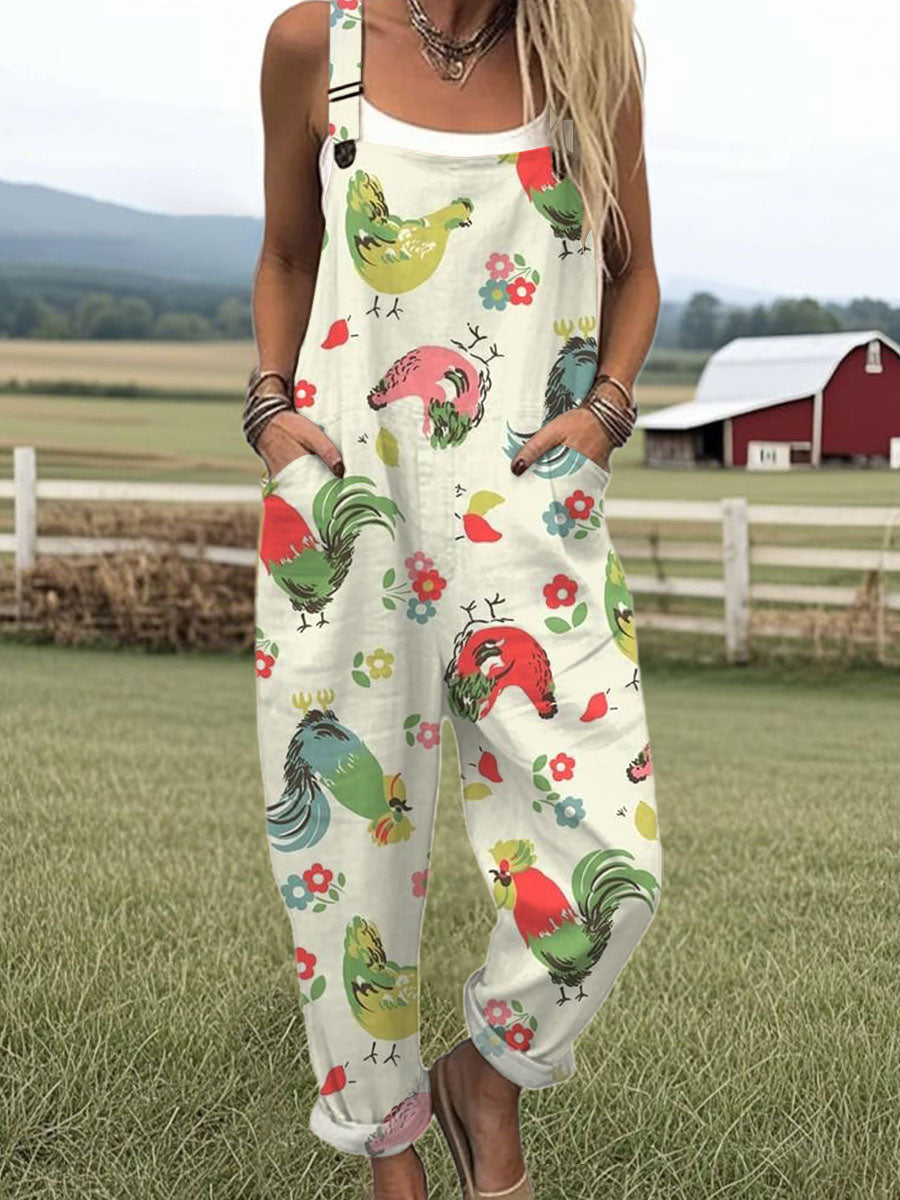 Women's Vintage Chick  Art Print Casual 100% Cotton Wide Leg Jumpsuit