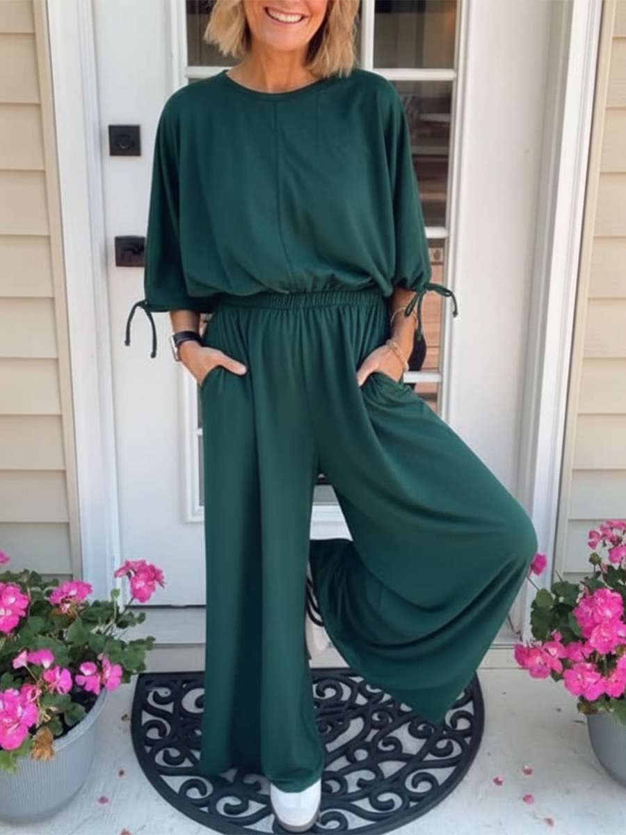 Women's Soft Cotton Casual Cuff Tie Solid Color Jumpsuit