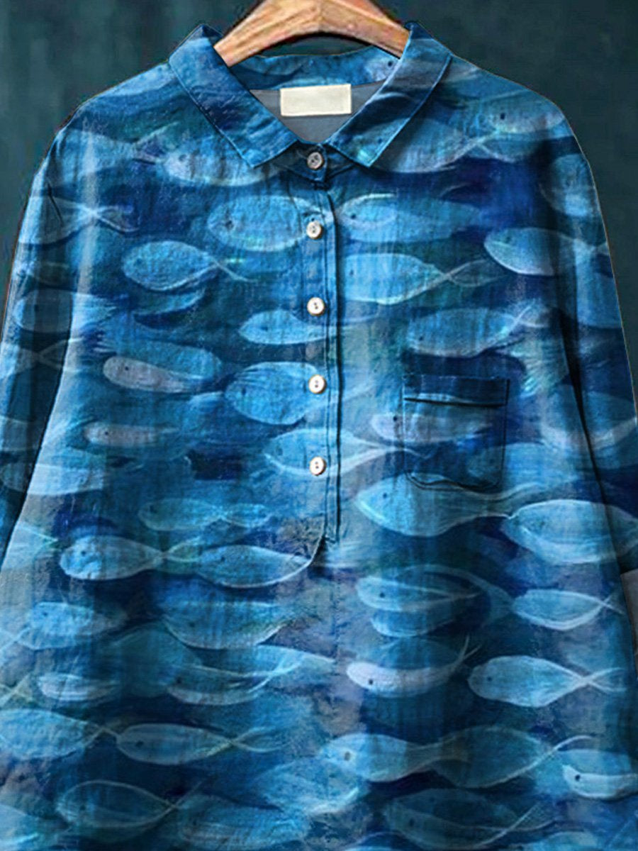Deep Sea Sardine Fish Swarm Painting Printed Women's Casual Cotton And Linen Shirt
