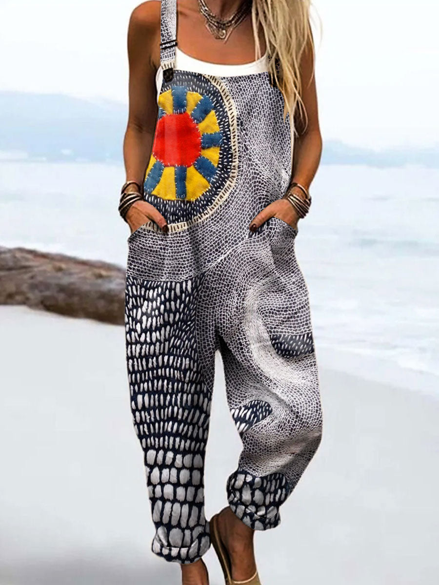 Women's Vintage Abstract Geometric Color Blocks Art Print Casual 100% Cotton Wide Leg Jumpsuit