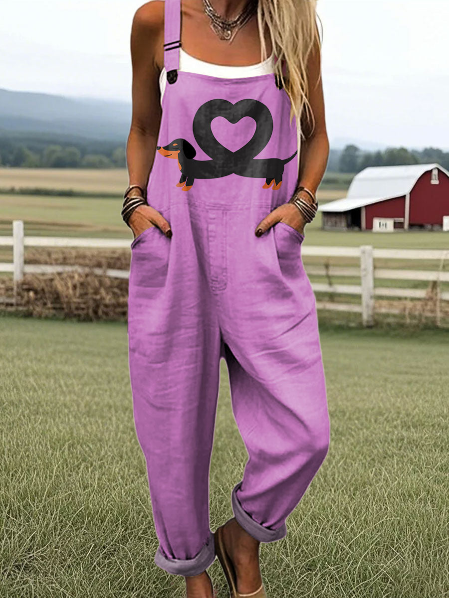 Women's Funny Dachshund Art Print Casual 100% Cotton Wide Leg Jumpsuit