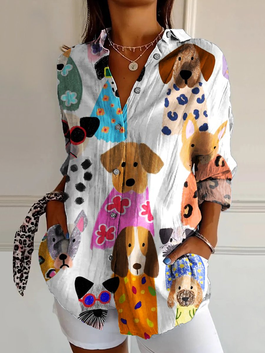 Women's Colorful Fun Cartoon Puppy Print Casual Cotton Shirt