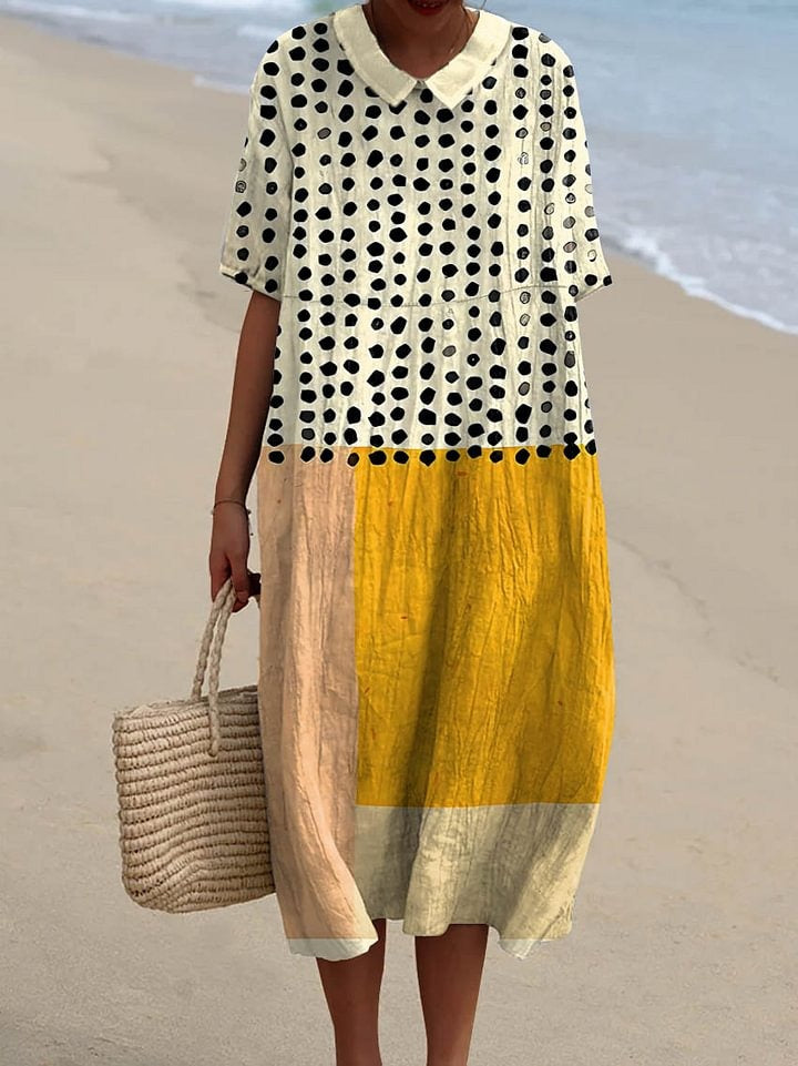 Women's Yellow Color-blocked Dots Art Watercolor Splash Fluid Art Print Flowy Dress