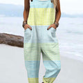 Women's Vintage Abstract Geometric Lines Art  Print Casual 100% Cotton Wide Leg Jumpsuit