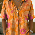 Artistic Watercolor Floral Print Short-sleeve Collared Shirt With Half-button Placket