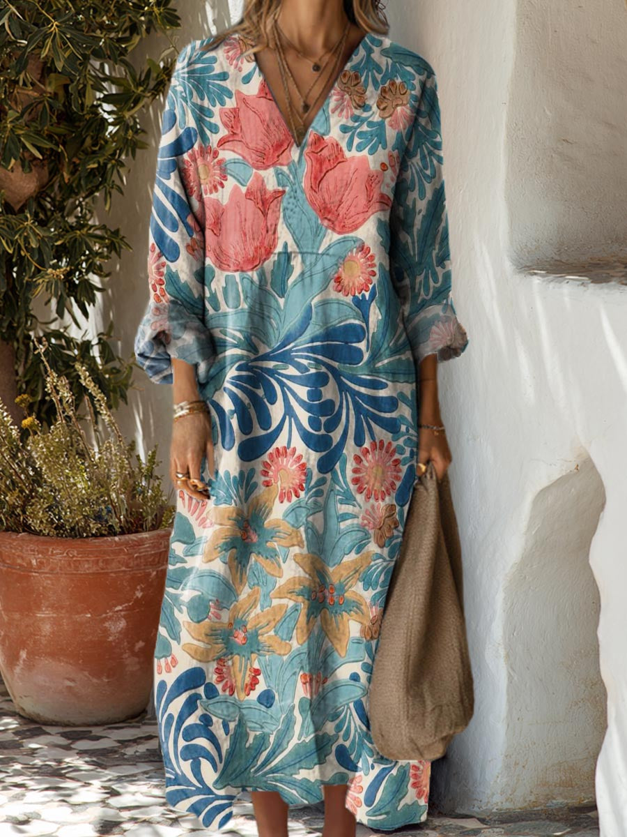 Women's Vintage Floral Art Print Cotton Dress