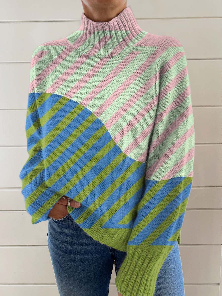 womens-colourful-artistic-geometric-lines-print-knit-turtleneck-pullover-sweater