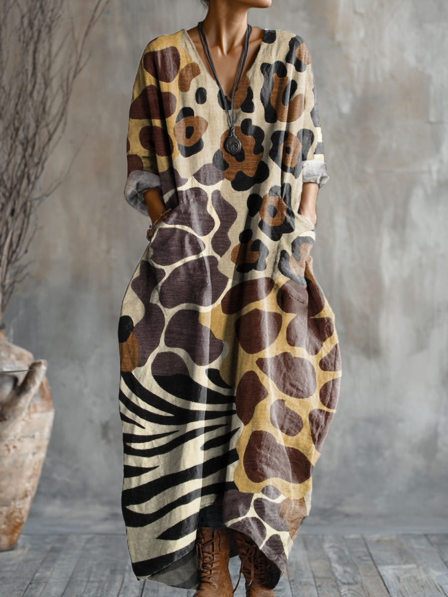 Women's Various Leopard Prints Art Pattern Print Pocket V-neck Cotton Dress