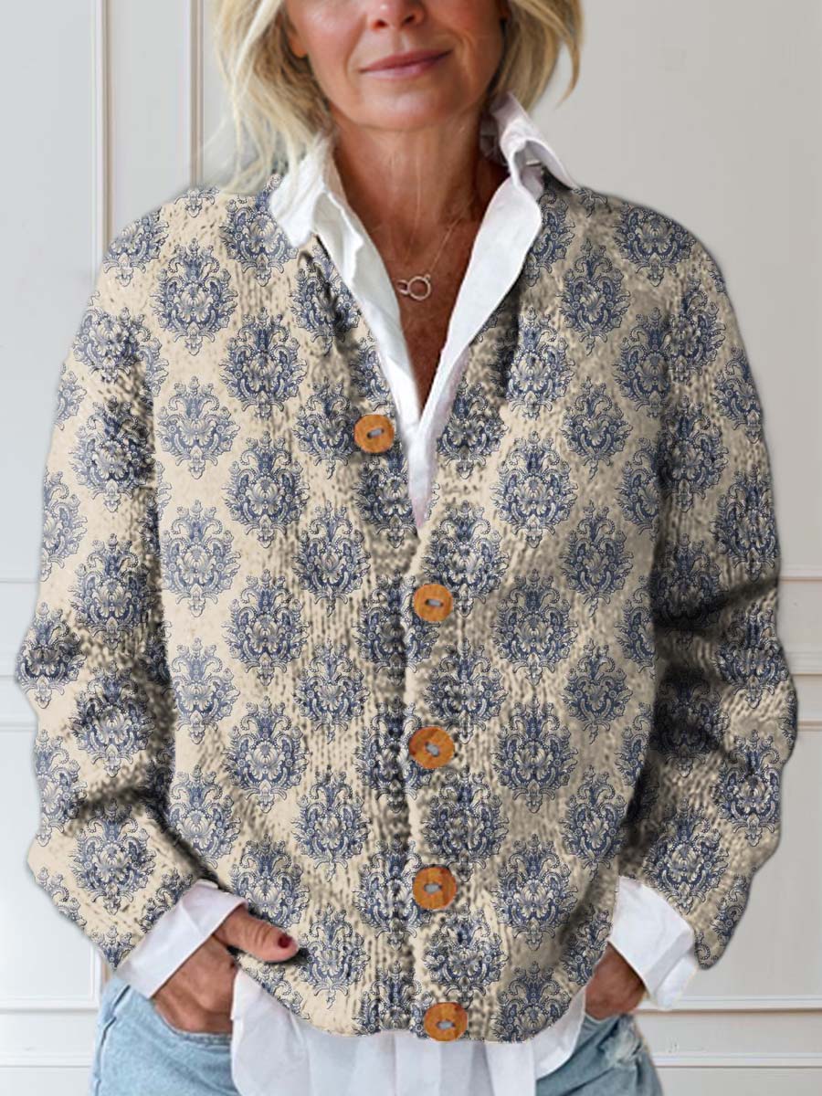 Women's Vintage Floral Art Print Buttoned Cardigan Sweater