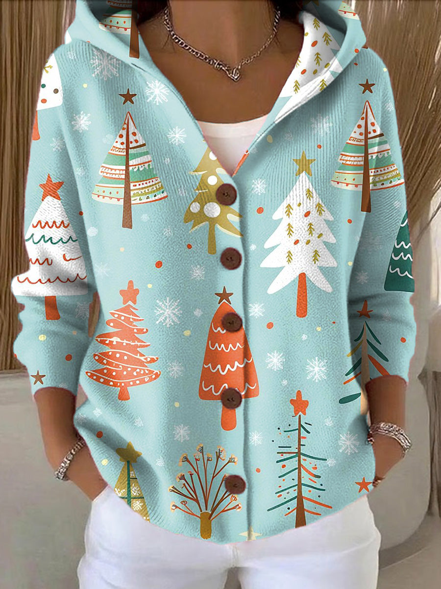 Women's Beautiful Colorful Winter Christmas Tree Painting Art Print Casual Hooded Button Sweater